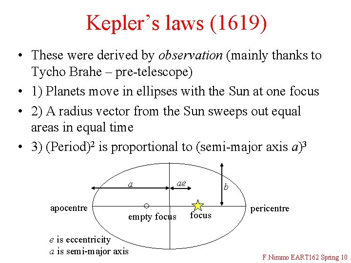 Kepler’s laws (1619) • These were derived by observation (mainly thanks to Tycho Brahe