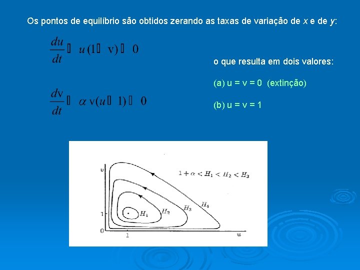 Os pontos de equilíbrio são obtidos zerando as taxas de variação de x e