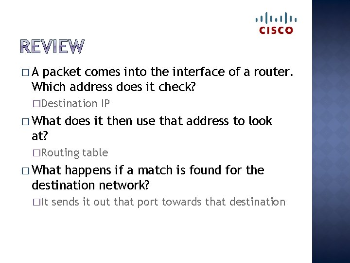 �A packet comes into the interface of a router. Which address does it check?