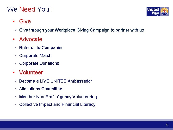 We Need You! • Give through your Workplace Giving Campaign to partner with us