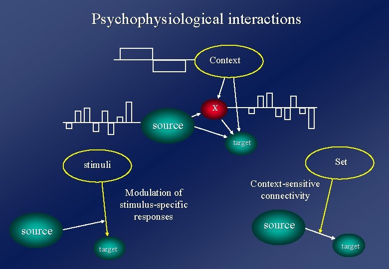 Psychophysiological interactions Context X source target Set stimuli Modulation of stimulus-specific responses source target