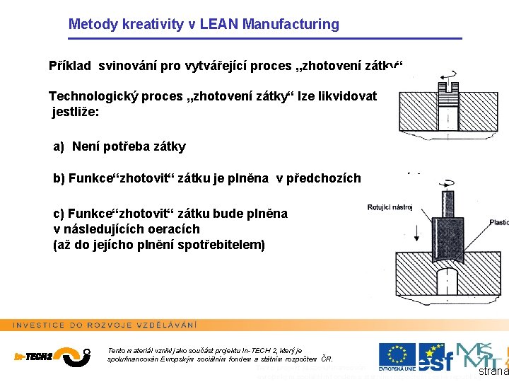 Metody kreativity v LEAN Manufacturing Příklad svinování pro vytvářející proces „zhotovení zátky“ Technologický proces