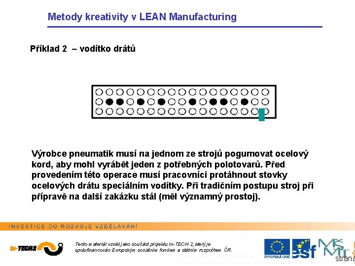Metody kreativity v LEAN Manufacturing Příklad 2 – vodítko drátů Výrobce pneumatik musí na