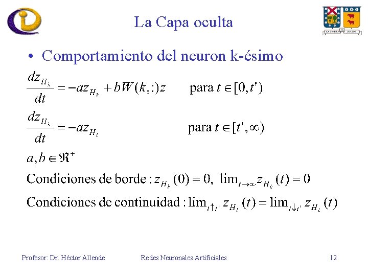 La Capa oculta • Comportamiento del neuron k-ésimo Profesor: Dr. Héctor Allende Redes Neuronales