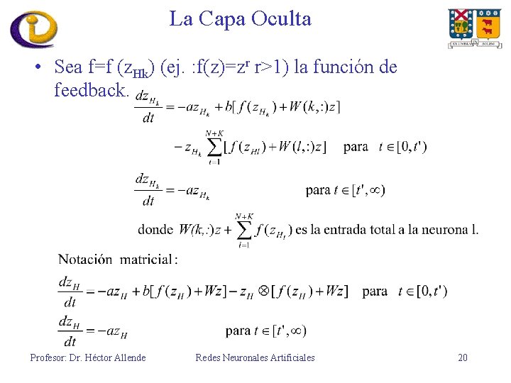 La Capa Oculta • Sea f=f (z. Hk) (ej. : f(z)=zr r>1) la función