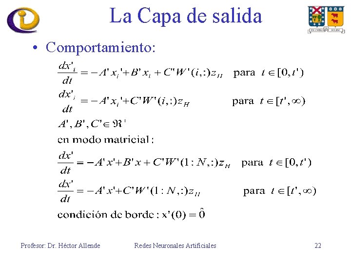La Capa de salida • Comportamiento: Profesor: Dr. Héctor Allende Redes Neuronales Artificiales 22