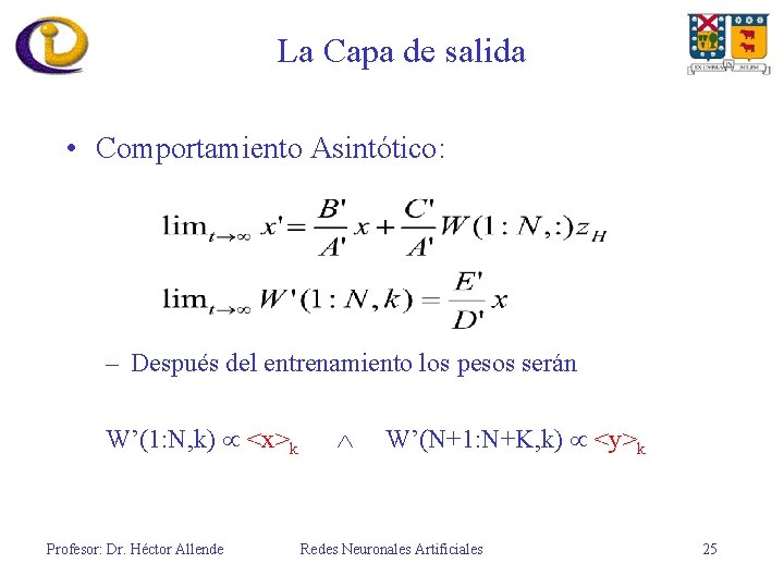 La Capa de salida • Comportamiento Asintótico: – Después del entrenamiento los pesos serán