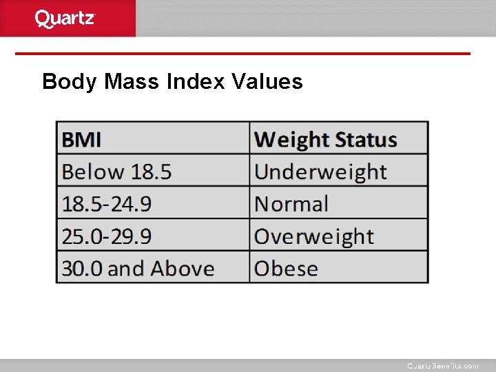 Body Mass Index Values 