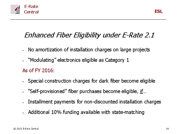 E-Rate Central ESL Enhanced Fiber Eligibility under E-Rate 2. 1 § No amortization of
