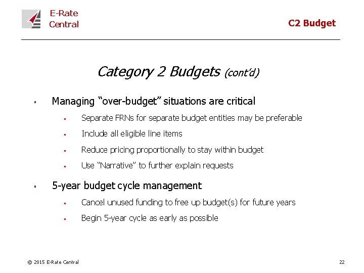 E-Rate Central C 2 Budget Category 2 Budgets § § (cont’d) Managing “over-budget” situations