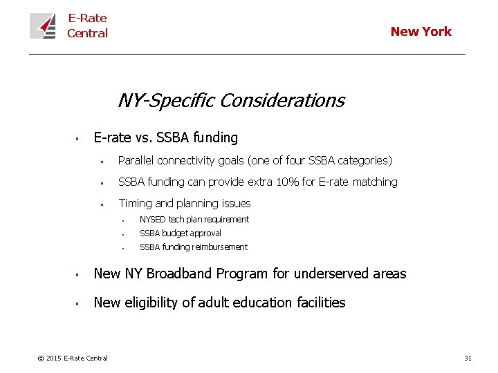 E-Rate Central New York NY-Specific Considerations § E-rate vs. SSBA funding § Parallel connectivity