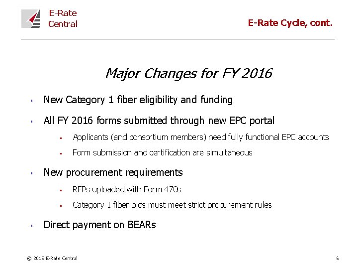 E-Rate Central E-Rate Cycle, cont. Major Changes for FY 2016 § New Category 1