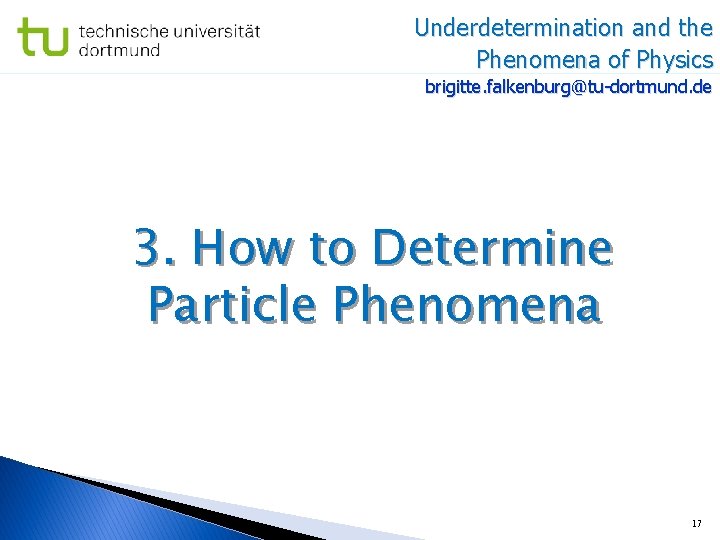 Underdetermination and the Phenomena of Physics brigitte. falkenburg@tu-dortmund. de 3. How to Determine Particle