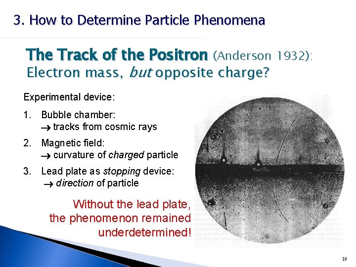 3. How to Determine Particle Phenomena The Track of the Positron (Anderson 1932): Electron