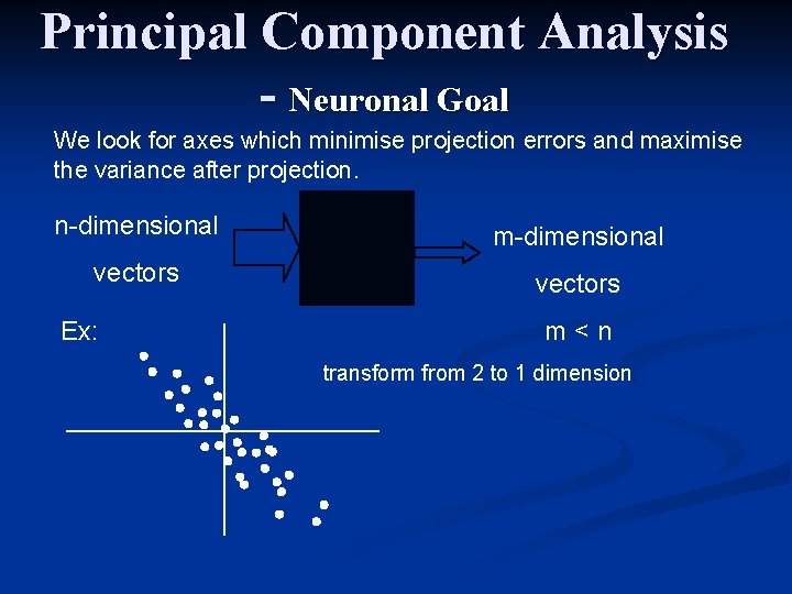 Principal Component Analysis - Neuronal Goal We look for axes which minimise projection errors