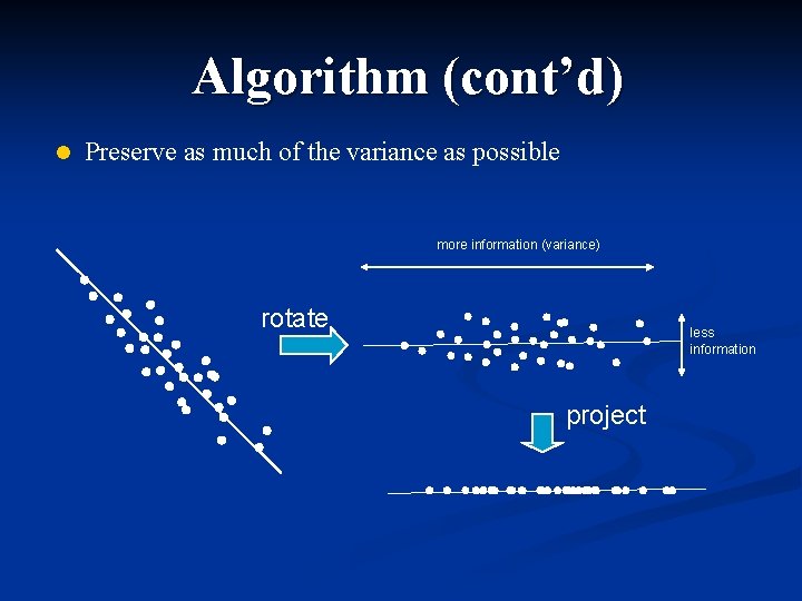 Algorithm (cont’d) l Preserve as much of the variance as possible more information (variance)