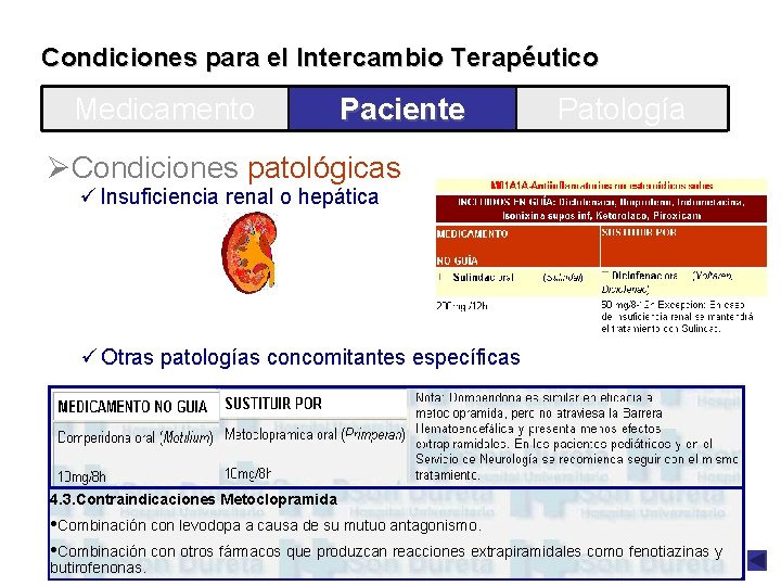 Condiciones para el Intercambio Terapéutico Medicamento Paciente Patología ØCondiciones patológicas ü Insuficiencia renal o