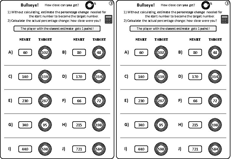 Bullseye! ③ How close can you get? 1) Without calculating, estimate the percentage change