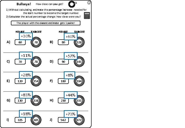 Bullseye! ① How close can you get? 1) Without calculating, estimate the percentage increase