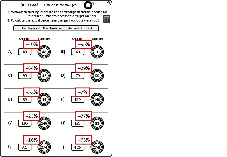 Bullseye! ② How close can you get? 1) Without calculating, estimate the percentage decrease