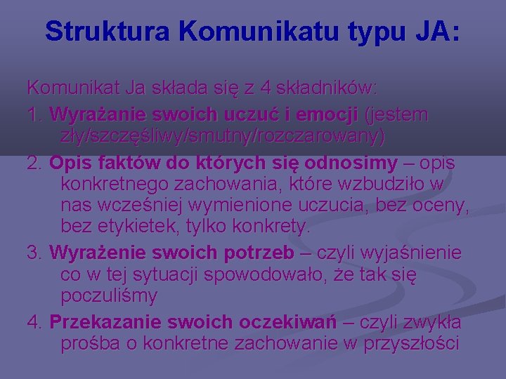 Struktura Komunikatu typu JA: Komunikat Ja składa się z 4 składników: 1. Wyrażanie swoich