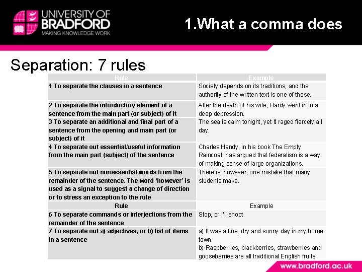 1. What a comma does Separation: 7 rules Rule 1 To separate the clauses