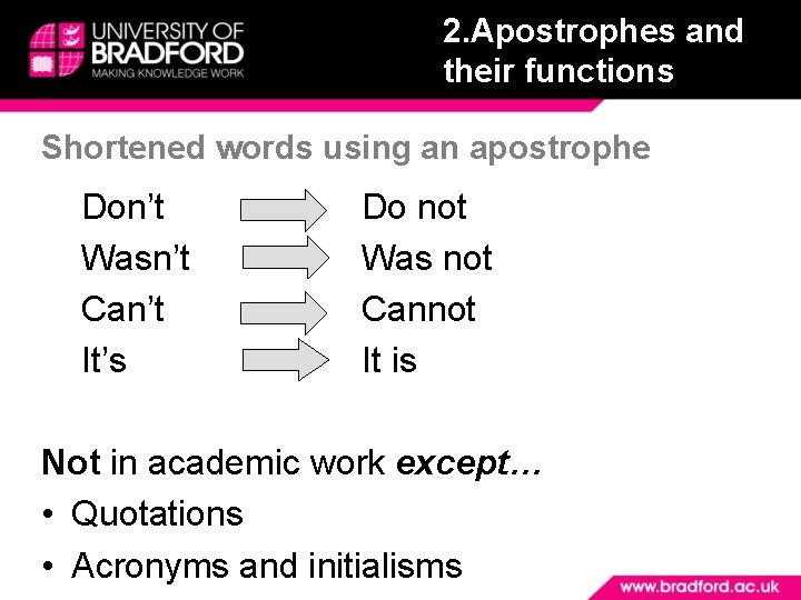 2. Apostrophes and their functions Shortened words using an apostrophe Don’t Wasn’t Can’t It’s