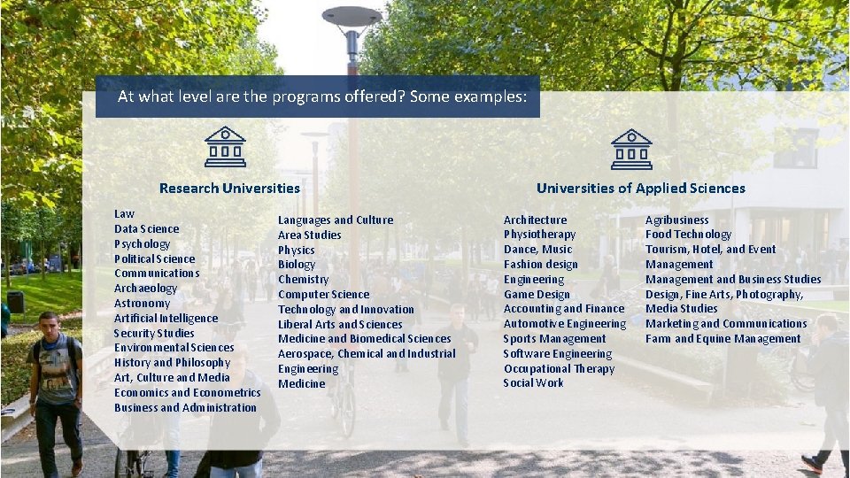 At what level are the programs offered? Some examples: Research Universities Law Data Science