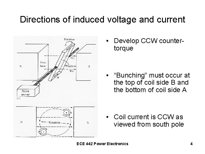 Directions of induced voltage and current • Develop CCW countertorque • “Bunching” must occur