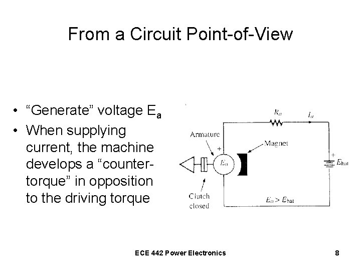 From a Circuit Point-of-View • “Generate” voltage Ea • When supplying current, the machine