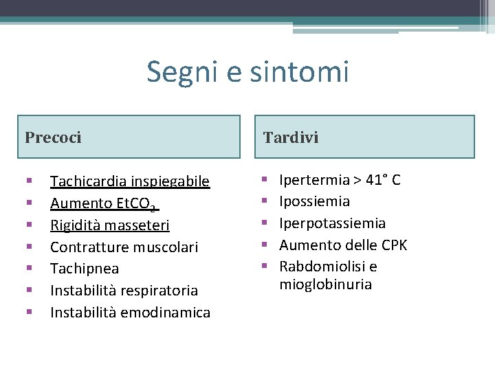 Segni e sintomi Precoci § § § § Tachicardia inspiegabile Aumento Et. CO 2 Segni e sintomi Precoci § § § § Tachicardia inspiegabile Aumento Et. CO 2