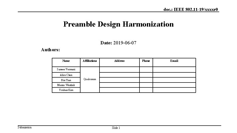 doc. : IEEE 802. 11 -19/xxxxr 0 Preamble Design Harmonization Date: 2019 -06 -07