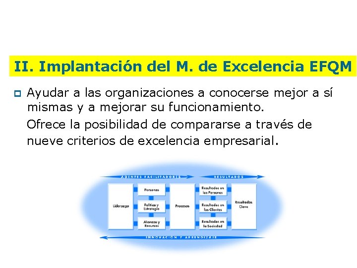 II. Implantación del M. de Excelencia EFQM p Ayudar a las organizaciones a conocerse