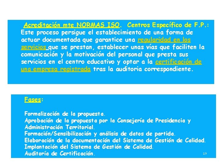 Acreditación mte NORMAS ISO. Centros Específico de F. P. : Este proceso persigue el