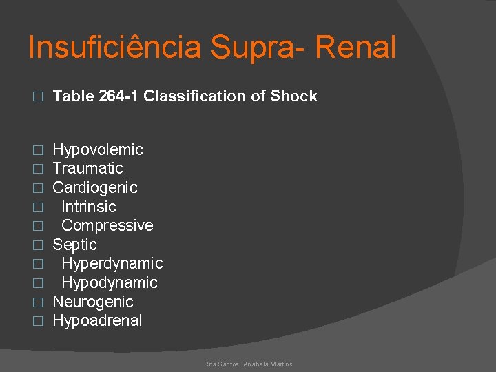 Insuficiência Supra- Renal � Table 264 -1 Classification of Shock � � � �