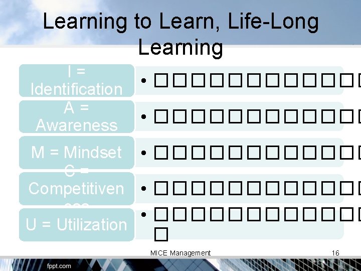 Learning to Learn, Life-Long Learning I= Identification A= Awareness • ������������ M = Mindset