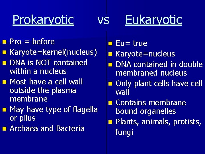 Prokaryotic vs Eukaryotic n n n Pro = before Karyote=kernel(nucleus) DNA is NOT contained