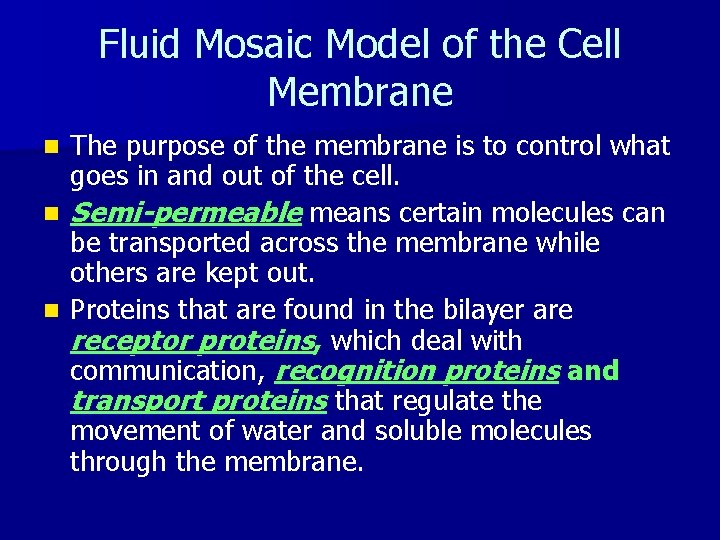 Fluid Mosaic Model of the Cell Membrane The purpose of the membrane is to