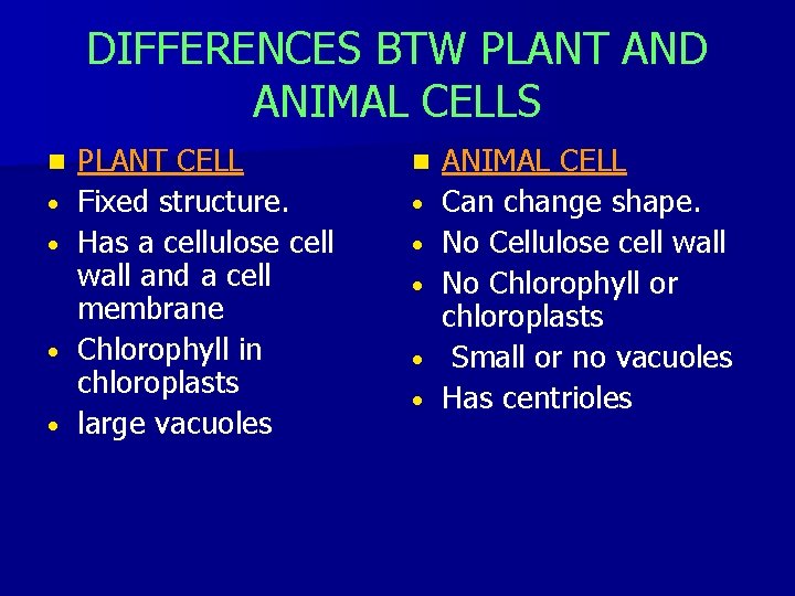 DIFFERENCES BTW PLANT AND ANIMAL CELLS n • • PLANT CELL Fixed structure. Has