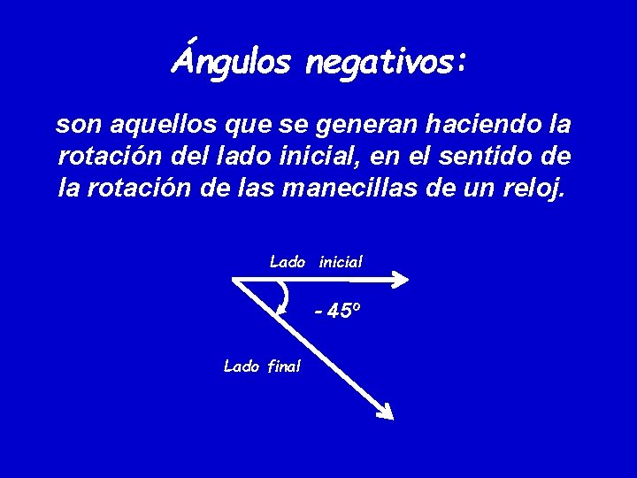 Ángulos negativos: son aquellos que se generan haciendo la rotación del lado inicial, en Ángulos negativos: son aquellos que se generan haciendo la rotación del lado inicial, en