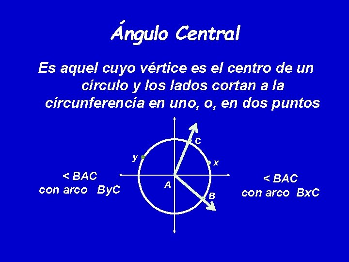 Ángulo Central Es aquel cuyo vértice es el centro de un círculo y los Ángulo Central Es aquel cuyo vértice es el centro de un círculo y los