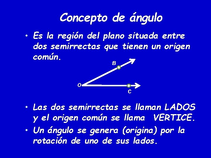 Concepto de ángulo • Es la región del plano situada entre dos semirrectas que Concepto de ángulo • Es la región del plano situada entre dos semirrectas que