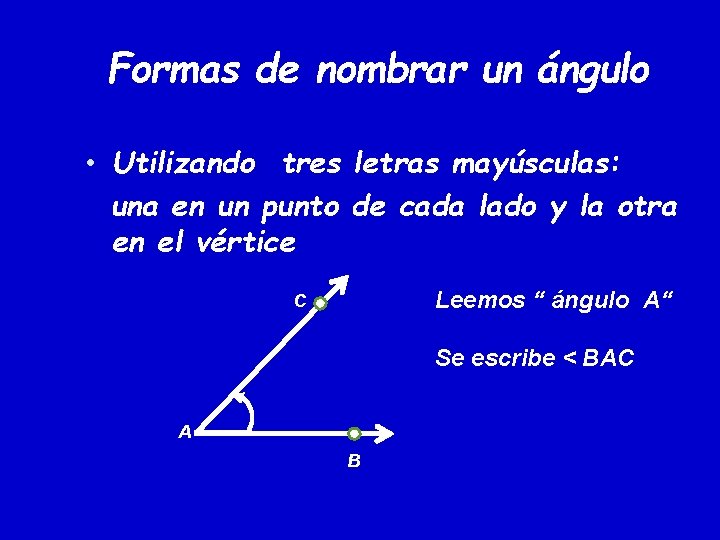 Formas de nombrar un ángulo • Utilizando tres letras mayúsculas: una en un punto Formas de nombrar un ángulo • Utilizando tres letras mayúsculas: una en un punto