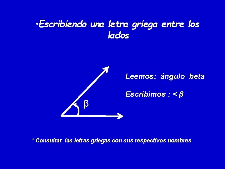 • Escribiendo una letra griega entre los lados Leemos: ángulo beta β Escribimos • Escribiendo una letra griega entre los lados Leemos: ángulo beta β Escribimos