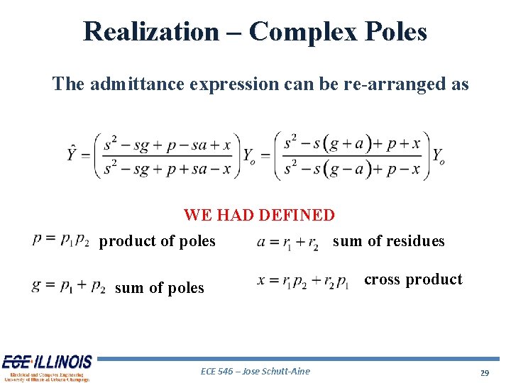 Realization – Complex Poles The admittance expression can be re-arranged as WE HAD DEFINED
