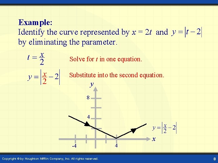 Example: Identify the curve represented by x = 2 t and by eliminating the Example: Identify the curve represented by x = 2 t and by eliminating the
