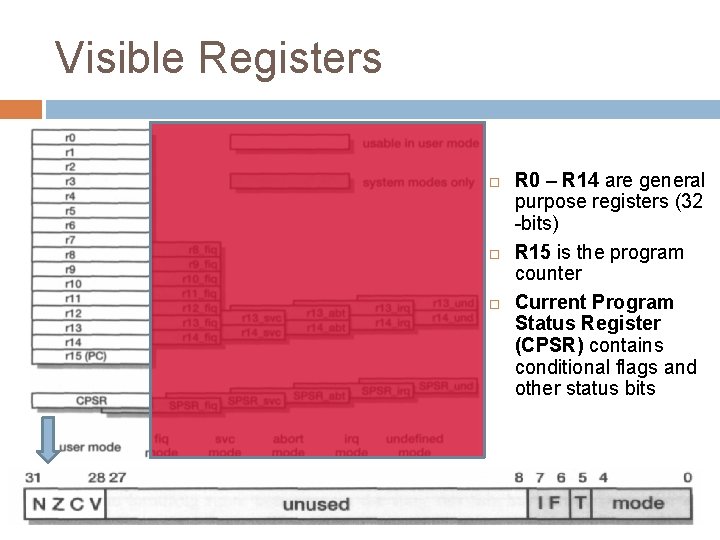 Visible Registers R 0 – R 14 are general purpose registers (32 -bits) R