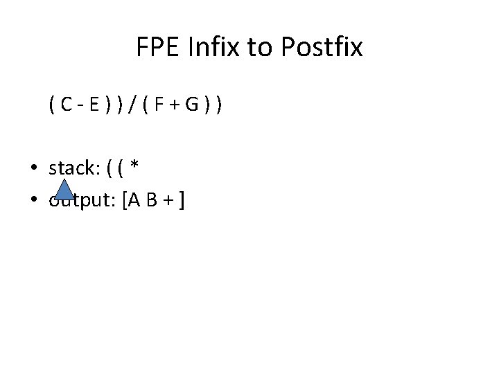 FPE Infix to Postfix ( C - E ) ) / ( F +