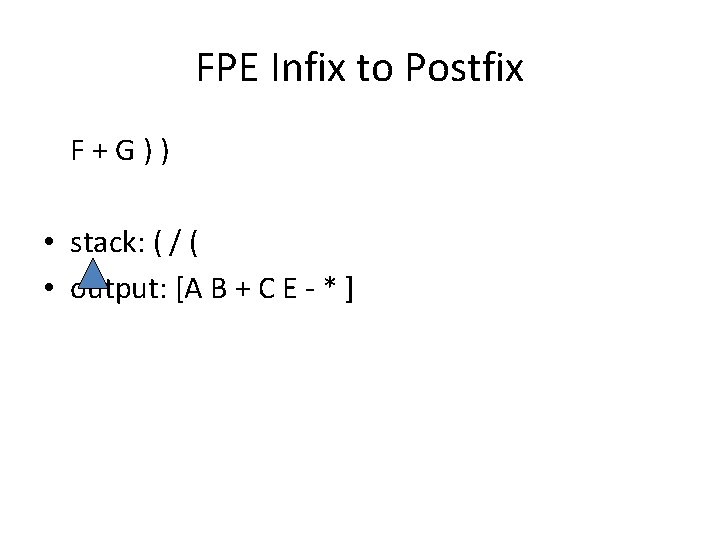 FPE Infix to Postfix F + G ) ) • stack: ( / (