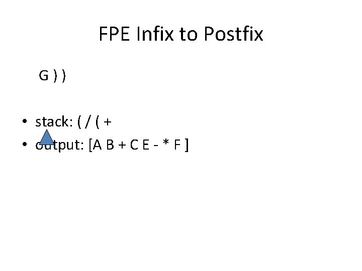 FPE Infix to Postfix G ) ) • stack: ( / ( + •